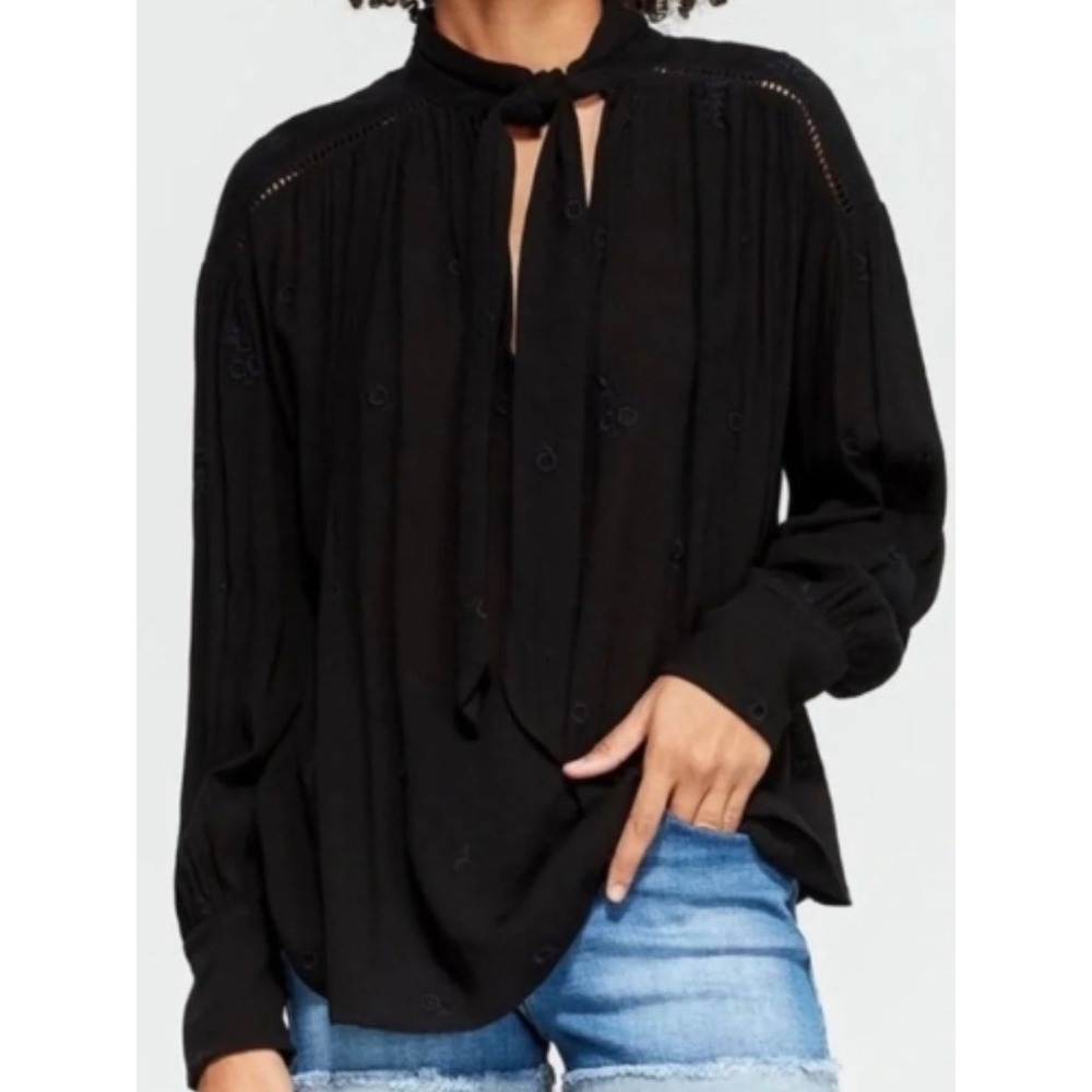 Free People Neck Tie Blouse Top XS Black Long Sleeve Relaxed Boho Peasant Shirt